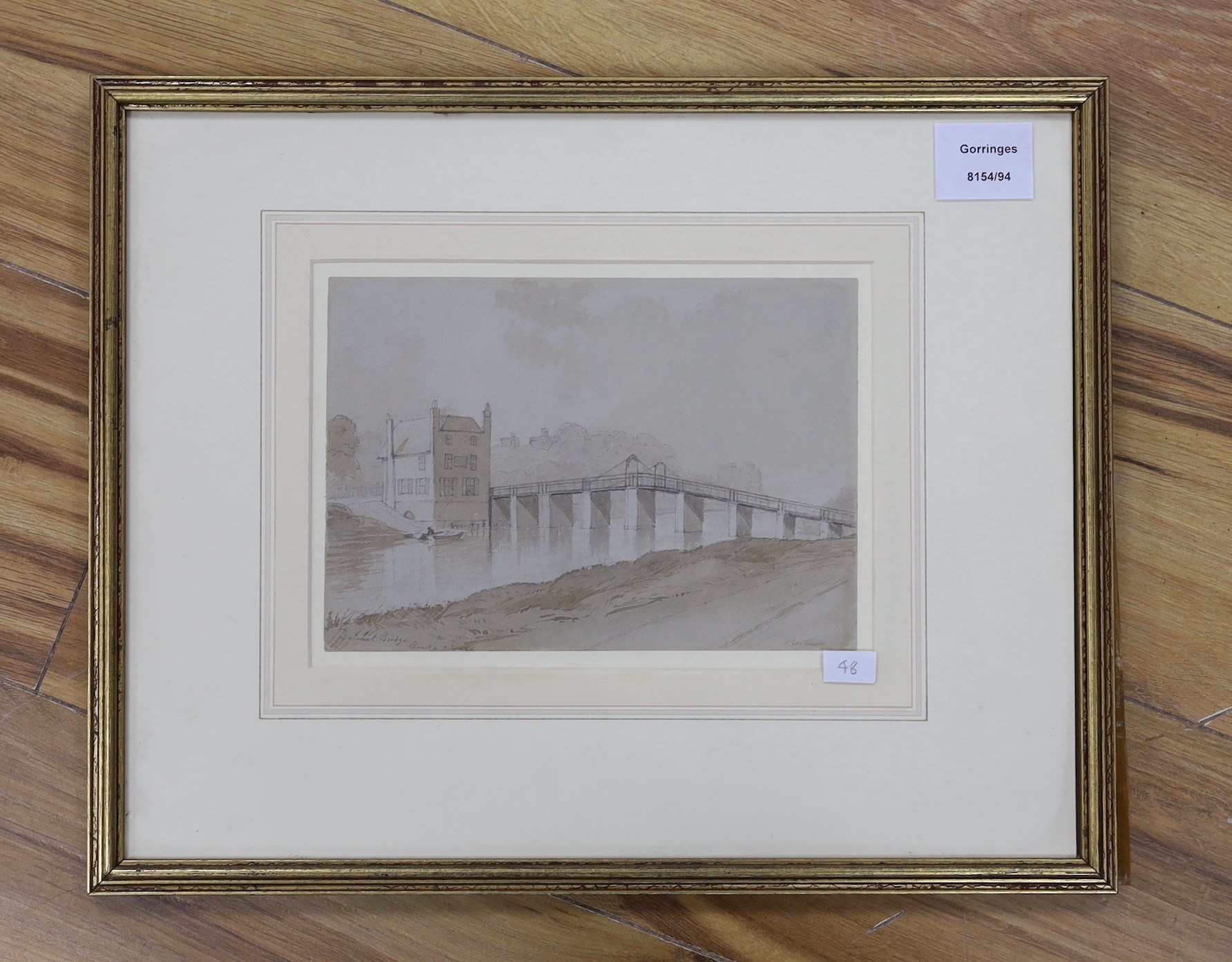Henry Gastineau (1791–1876), monochrome watercolour, Study of Datchett Bridge, a glimpse of Windsor Castle in the distance, inscribed and signed, 15 x 21cm